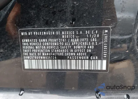 2021 Volkswagen Jetta 1.4T R-Line/1.4T S/1.4T Se из США, поврежденный, VIN 3VWC57BU5MM025726